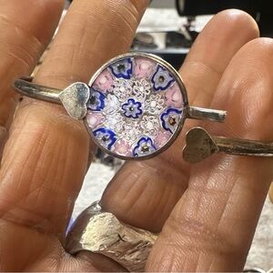 Sterling Silver Italy miliefiori Blue Floral heart Bracelet open hinged